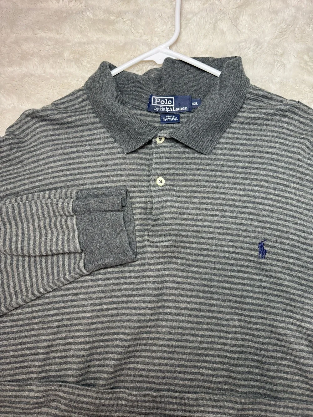 Polo Ralph Lauren Gray Striped Long-Sleeve Polo with Navy Logo
